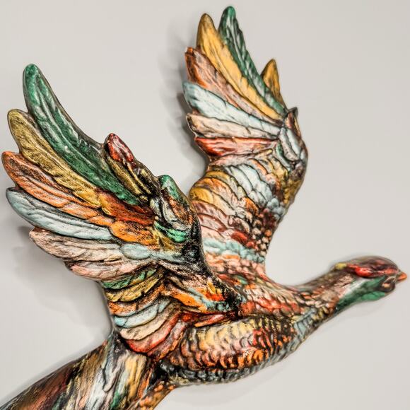 Vintage Hand Painted Flying Pheasant Chalkware Wall Art w/ Drip Glaze Finish - Picture 4 of 8